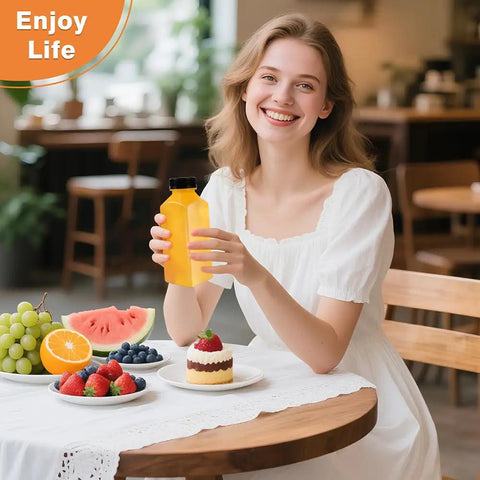 10 Pack 12 Oz Clear Plastic Juice Bottles With Screw Caps Reusable Food Grade Pet Beverage Jars Straight Up Great Vibes Includes Black Lids Custom Labels And Compact Cleaning Brush Legit Summer Essentials with orange juice and fresh fruit.