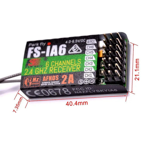 6 Channel RC Receiver With Dual Antennas PPM Output And IBus Port AFHDS2A, dimensions 40.4mm x 21.1mm, compact design