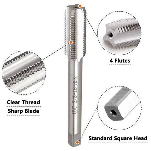 Two Piece 3/8-16 UNC Tap And Die Set HSS Straight Flute Threading Tap Die Kit with sharp blades and standard square head.