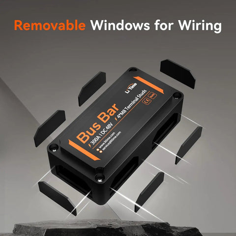 Heavy Duty 300A Bus Bar With Four M8 Studs Power Distribution Block For 48V DC Battery Systems showing removable wiring windows.