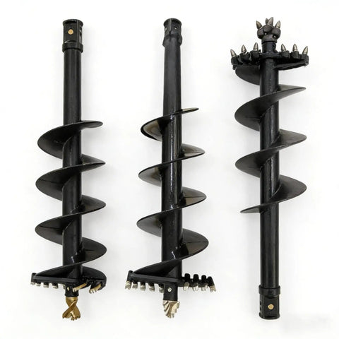Three black auger drill bits for Heavy Duty Excavator Earth Auger Drive Unit With 2000Nm Hydraulic Power, showing tip designs.