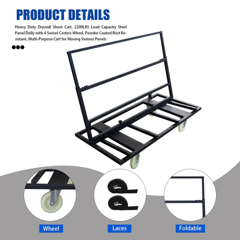 Heavy Duty Folding Table Cart Dolly 1800 Lb Capacity with 4 swivel casters, steel frame, wheels, and strap details