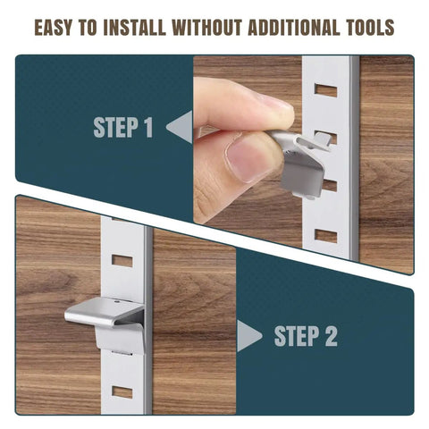 Hand installing 28 Piece Adjustable Pilaster Shelf Clip Bracket Set For Metal And Wood Shelving No Fuss Install Durable Shelf Support
