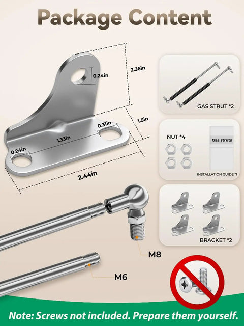 Professional Grade Tough As Nails Gas Lift Struts With Secure Mounting Hardware For Storage Lids Smooth Opening Assist 20 Inch 100 Pound Force Rating Two Pack hardware components and dimensions image.