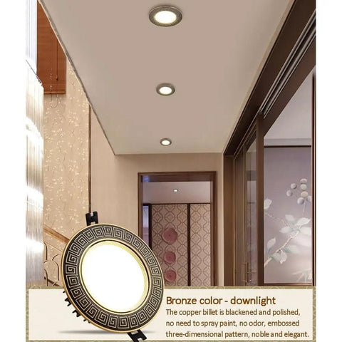 Premium Heavy Duty Copper Finish 5 Pack Recessed LED Downlights Featuring Smooth Baffle Trim and No Hassle Retrofit Install Adjustable Warm To Cool White 12 Watt Dimmable ceiling lamps in stylish bronze decor.