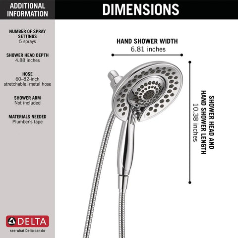 Diagram of 2 In 1 Dual Shower Head With Handheld Hose Chrome Finish Delivering 5 Spray Settings, dimensions shown, 2.5 GPM