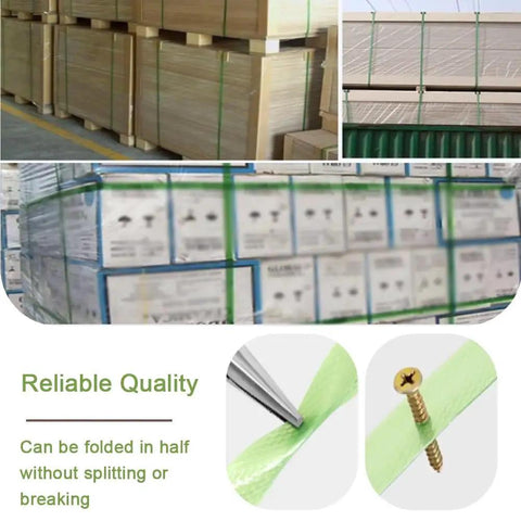 Heavy Duty Packaging Strapping Tape Rolls And Flat Woven Fiber Rope for shipping pallets and securing boxes, shown in use