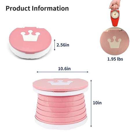 Foldable Toddler Travel Potty With Disposable Bags For Road Trips And Car Rides shows measurements, lightweight design, and crown emblem.