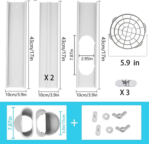 Portable Window AC Kit With Flexible Hose And Adjustable Seal For Vertical Or Horizontal Windows 5.9 Inch Diameter 59 Inch Length Keeps Your Room Cool Saves On Energy Bills Reusable PVC Window Seal components and dimensions.