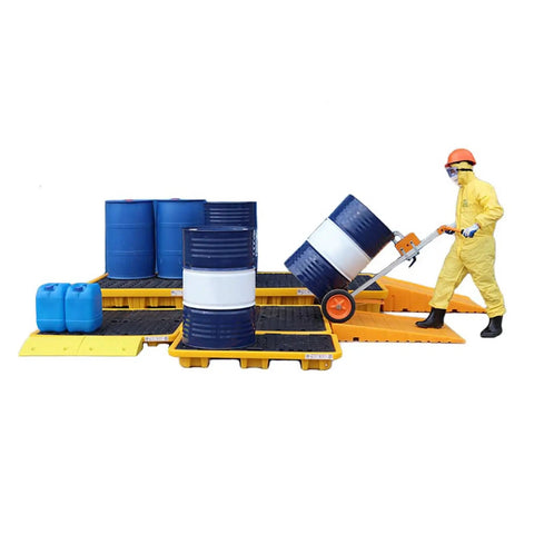Worker using Oil Drum Spill Pallet With Nestable Leak Proof Tray Yellow Designed For No Spill Containment in warehouse