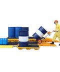 Spill Containment Pallet For Oil Drums Nestable Leak Proof Tray Yellow Heavy Duty Garage Storage Solution with worker using trolley