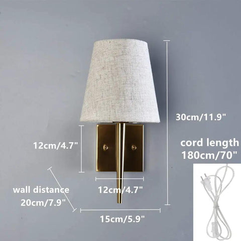 Mid Century Modern Plug In Wall Sconce Set With Beige Fabric Shade Antique Gold Finish 1 Light Indoor Wall Lamp dimensions shown