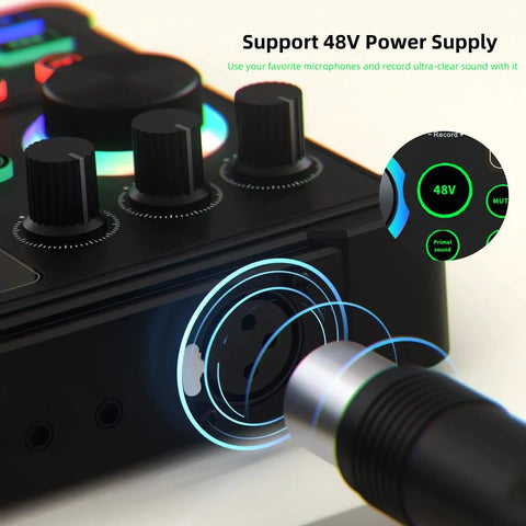 Close-up of All In One Podcast Mic Bundle With 48V XLR Mic, showing mixer controls and XLR input for power support.