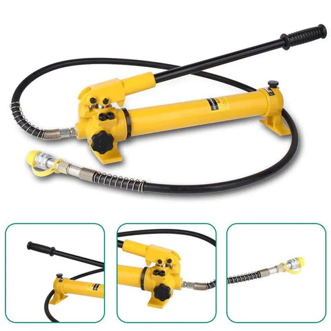 Kick Ass Manual Hydraulic Hand Pump 10000 Psi Rated With 350Cc Reservoir And Standard Npt Hookup with flexible hose and handle.