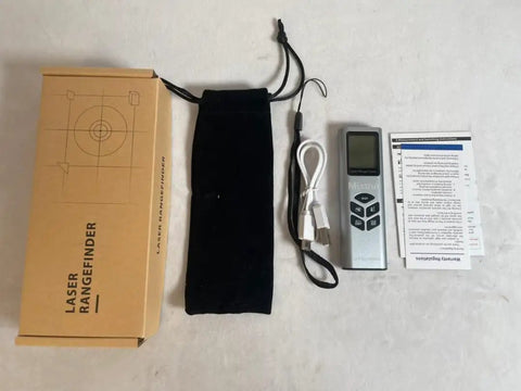 Fast As Lightning One Touch Laser Tape Measure 131 Foot Range with USB charger, carrying pouch, and instructions laid out.