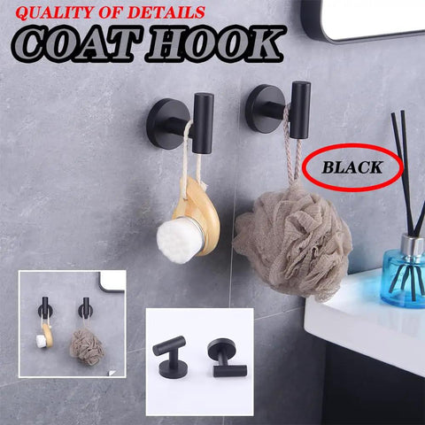 Rock Solid Stainless Steel Towel Hook Wall Mounted Two Pack Brushed Finish SUS 304 Rustproof Coat Rack For Bathroom And Kitchen Modern Hotel Style Easy Install, black hooks with loofah and brush