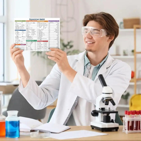 Scientist holding 8x11 Inch Periodic Table Of Elements Chart Poster For Chemistry Reference PVC Durable Waterproof And Tear Resistant