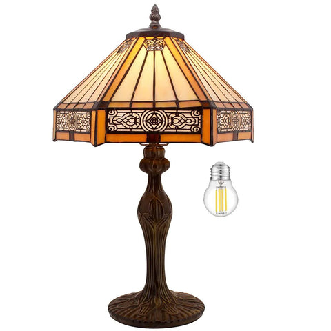 Yellow Hexagon Tiffany Style Stained Glass Lamp For A Cozy Vibe Mission Table Desk Bedside Reading Light 12 Inch Shade 18 Inch Tall
