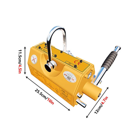Pro Grade Permanent Lifting Magnet With Smooth Release Lever For Heavy Duty Steel Plate Handling and Workshop Crane Jobs showing dimensions and swivel handle.
