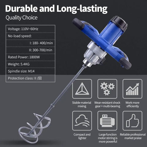 Image of 1800W Electric Concrete Mixer With 7 Speed Control, Beast Heavy Duty Cement Mixer Drill Tool For Concrete Mortar Grout Drywall Mud And Thinset, Portable Handheld Paddle Mixer with specifications.