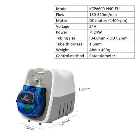 Heavy Duty 24V Peristaltic Pump With Automatic Control For Precise Fluid Transfer, compact size with blue connectors.