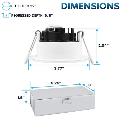 3 Inch LED Recessed Ceiling Light Kit With Junction Box dimensions illustrated, showing measurements of the light and junction box.