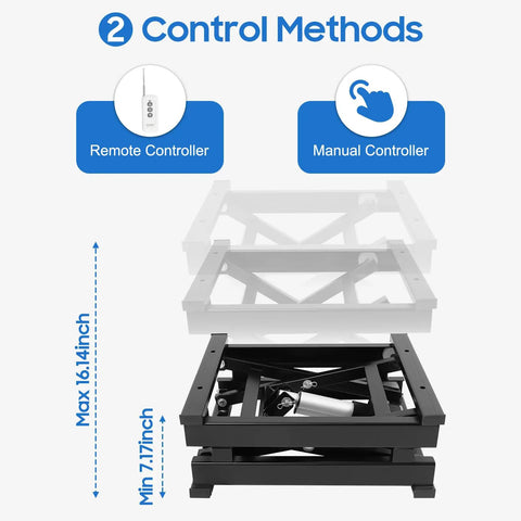 Top Shelf Electric Scissor Lift Table With Remote Control Height Adjustable Platform Up To Sixteen Inches showing remote and manual control methods.