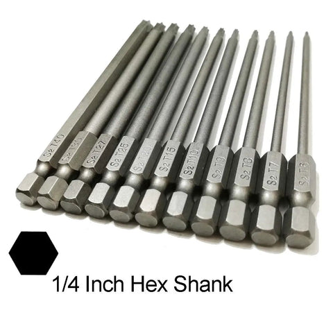 Long Torx Security Driver Bit Set One Quarter Inch Hex Shank 100mm Length T6 Through T40 11 Piece S2 Steel Torx Bits
