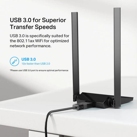 WiFi 6 USB Adapter For Desktop PC Archer TX20U Plus AX1800 Dual Band with 5dBi Antenna on desk showcasing USB 3.0 connection.