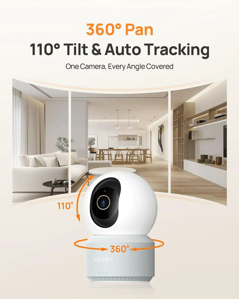 4K UHD Indoor Security Camera For Pets And Baby With Phone App 360 Degree Pan Tilt Dual Band Wi Fi 6 Auto Tracking shown in living room