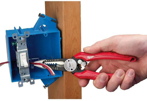 Using Six-In-One Long Nose Pliers For Electricians Pro Grade Wire Stripper And Reamer Combo Seven And One Half Inch Forged Alloy Steel on wires
