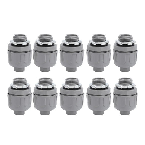 Heavy Duty One Inch Npt Liquid Tight Conduit Connectors 10 Pack Nylon 6 electrical fittings arranged in rows.