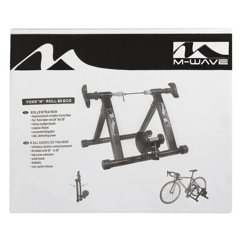 Package of Yoke'n'Roll 60 Eco Exercise Trainer For Adult Bikes 26 To 29 Inch showing sturdy steel frame and setup diagram.