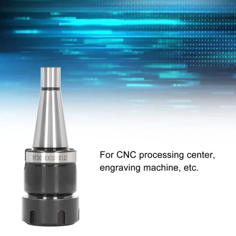 Heavy Duty ER32 Chuck Tool Holder For CNC Milling Machines With M12 Thread And Included Wrench Tough As Nails 40Cr Alloy Steel Build shown on a digital background.