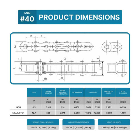 40 Roller Chain Five Feet With Free Connecting Link Carbon Steel One Half Inch Pitch 119 Links product dimensions diagram