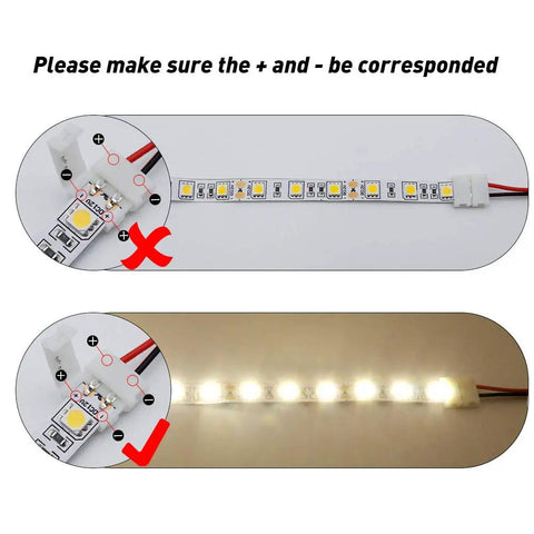 Instruction diagram with 10 Pack Solderless LED Strip Connector Snap Down 2 Conductor For 10mm Wide 5050 5630 Single Color Flex Strips