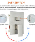 Brushed Nickel Shower System With 12 Inch LED Rainfall Shower Head, Brass Handheld Combo, close-up of easy switch valve