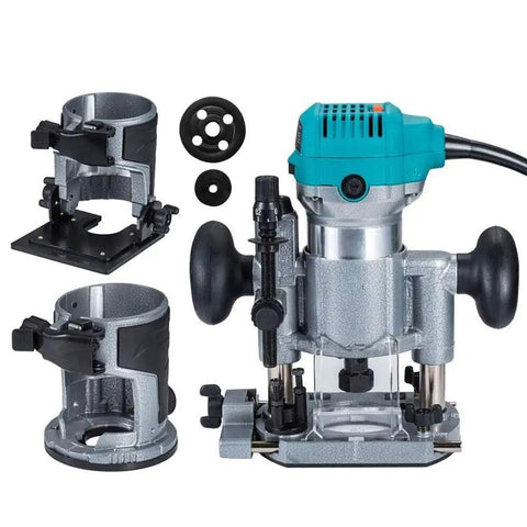 Compact Wood Router Kit With Trim Base And Plunge Tilt 710W Power, showing router and detachable bases for laminate and wood.