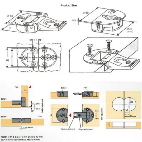 Heavy Duty Zinc Alloy Concealed Cabinet Door Hinges And Adjustable Hidden Hardware For Wood Furniture And Cabinets With Quick Install wide open swing product size diagram and detailed specifications.