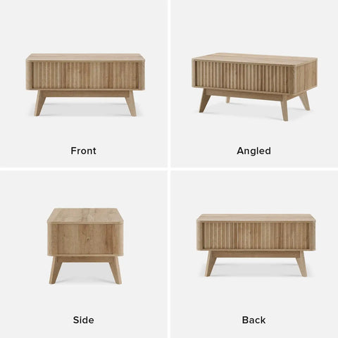 Lift Top Coffee Table With Hidden Storage, Mid Century Modern Farmhouse Design, Fluted Oak Finish Living Room Centerpiece from front view.