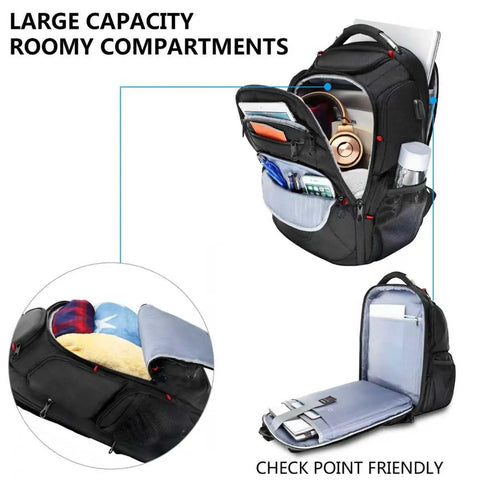 Travel Laptop Backpack 17.3 Inch TSA Friendly Daypack showing open compartments, water repellent ballistic fabric, black