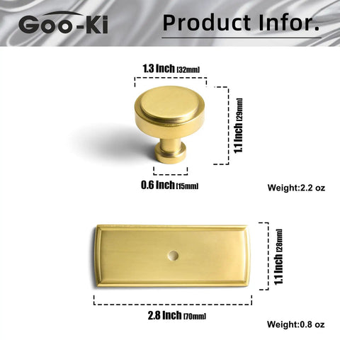 Diagram showing Brushed Gold Cabinet Knobs With Backplates, Zinc Alloy Kitchen Hardware, dimensions and weights labeled.