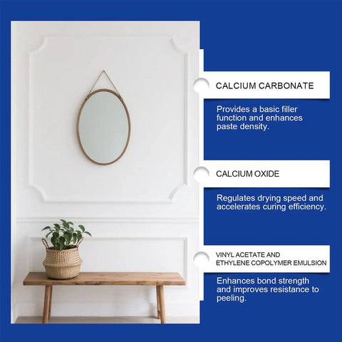 Ingredients of Easy No Mess Drywall Hole Repair Paste Kit with infographic beside mirror and bench on white wall
