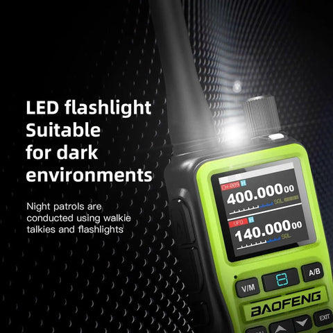 Close-up of Two Pack Mini Ham Radio Long Range Handheld Two Way Radio With Bluetooth App Programming, green display on.