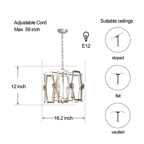 Brushed Nickel Drum Pendant Chandelier For Dining Room 4 Light Modern Round Fixture With Floral Silver Chrome Finish Hanging Ceiling Light For Kitchen Island Bedroom Foyer And Living Room dimensions and installation details