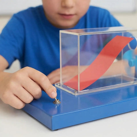 Child using Portable Wind Tunnel Lab Kit For Wing Lift Experiments Hands On Aircraft Aerodynamics Model With Blower And Stable Metal Stand.