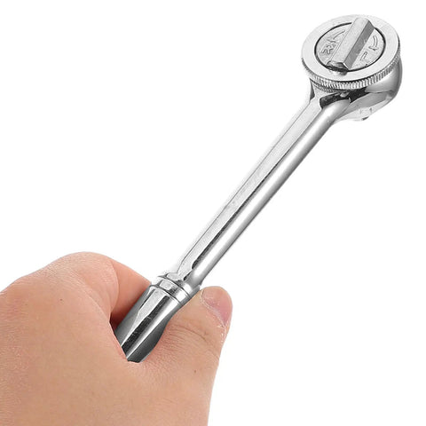 Heavy Duty 3/8 Inch Drive Ratchet Socket Wrench With Smooth Reversible Action And Quick Release Handle, held in hand.