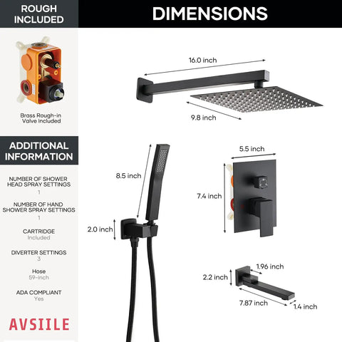 Top Shelf Matte Black Shower Faucet Set With 10 Inch Rainfall Shower Head And Tub Spout, Solid Stainless Steel Bathroom Fixture dimensions and details.