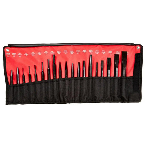 Heavy Duty 19 Piece Punch And Chisel Set With Black Oxide Finish Pro Grade For Metalworking And Automotive Projects Includes A Full Range Of Punches Cold Chisels And Pin Punches For Precise Driving And Durable Service in roll-up case.