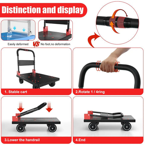 Rock Solid Heavy Duty Folding Platform Cart With Reinforced Steel Frame And 360 Swivel Rubber Casters Rated For 1323 Pounds shown in use with folding features.